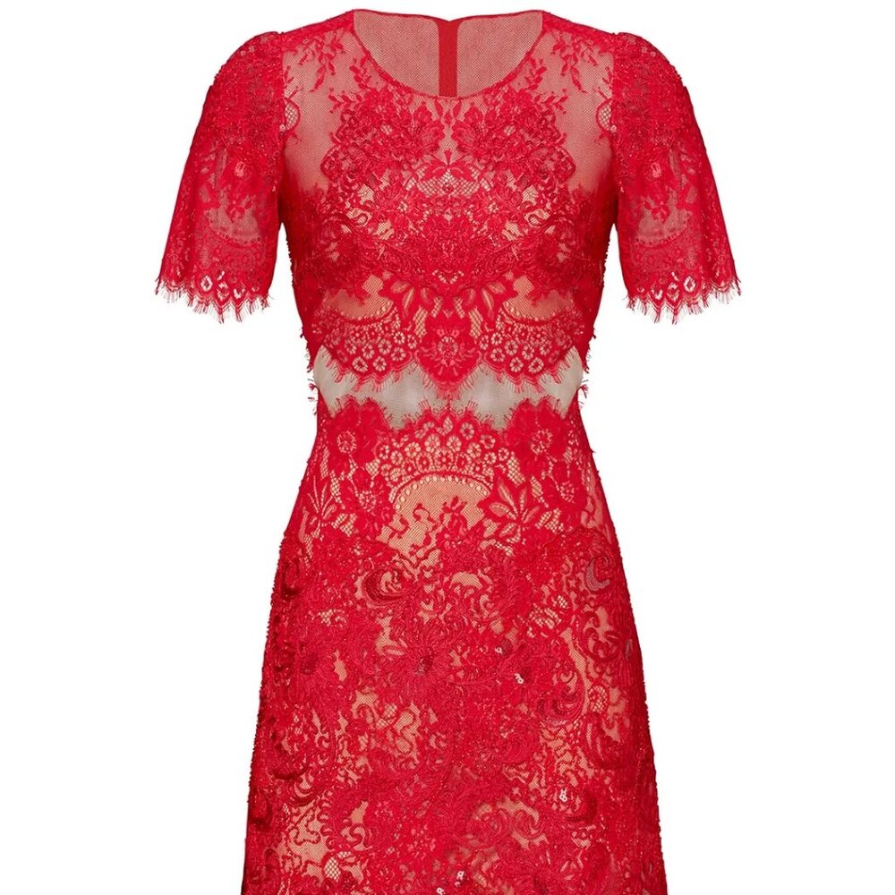 Marchessa Notte Red Diane Dress, Red Beaded Lace, Size 0